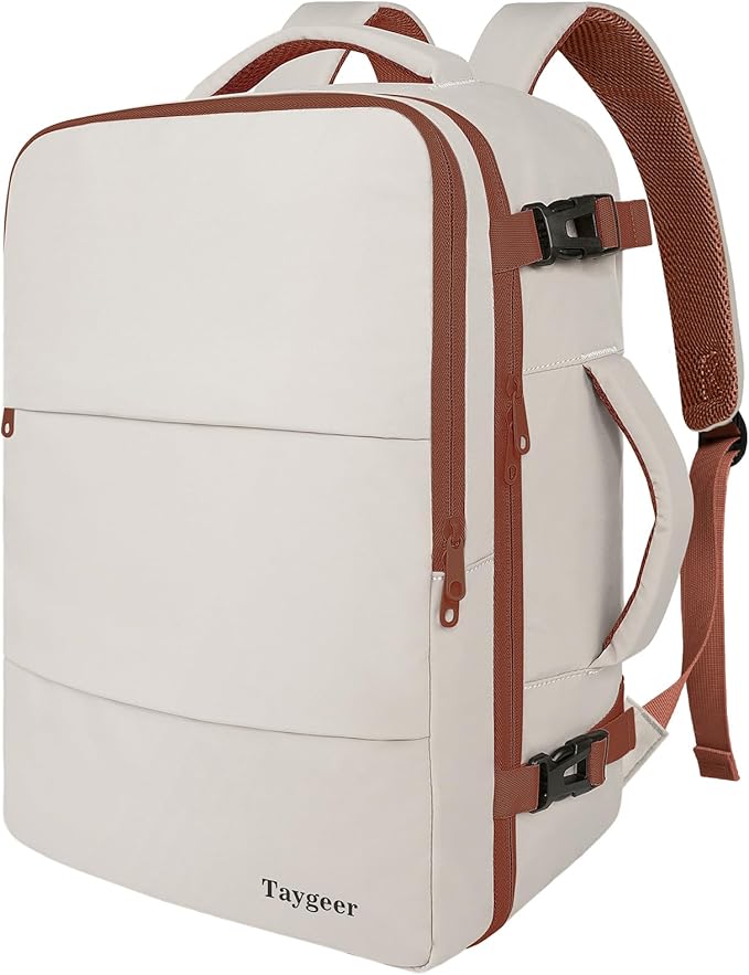 Taygeer Backpack for Women, College Backpack with Laptop Compartment & Shoe Pouch, 40l Travel Laptop Mochila Carry On Luggage, Airline Approved Personal Item Bag for Weekender Gym Hiking, Khaki White