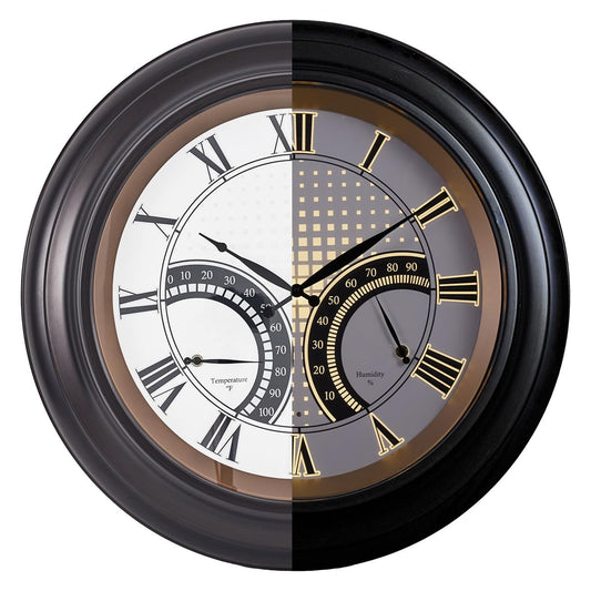 ANDY STAR 24 Inch Outdoor Clocks Waterproof,Large Outdoor Wall Clocks for Patio with Thermometer, Weatherproof Illuminated Clock Battery Operated with Thermometer&Hygrometer,Oil Rubbed Bronze Black