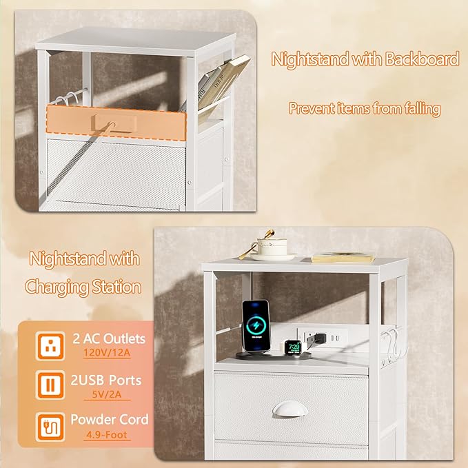 Furologee End Table with Charging Station, Nightstand with Fabric Drawers, Side Tables with USB Ports & Outlets, Night Stand with Storage Shelf & Hooks, for Living Room/Bedroom, White