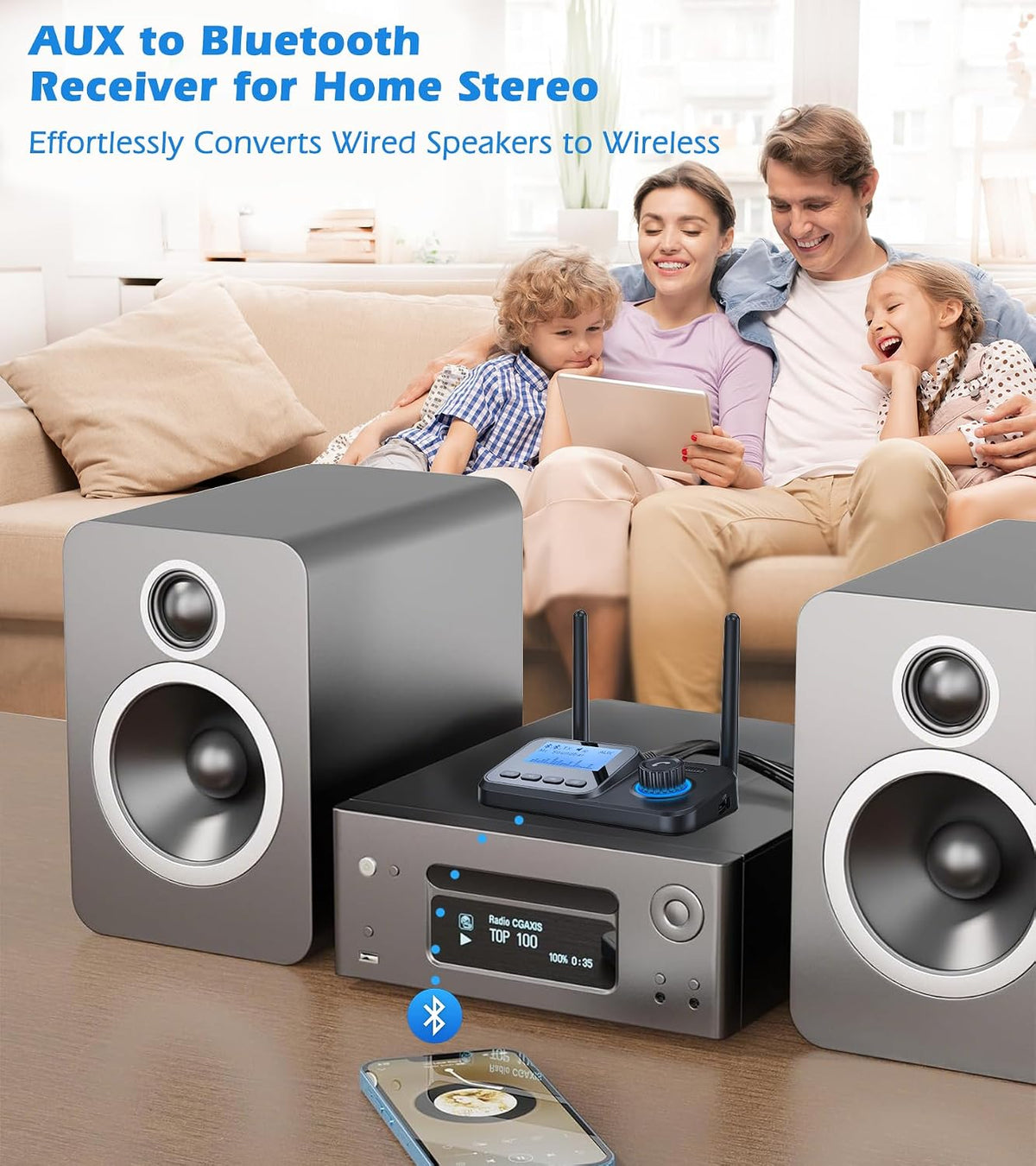 KAIY 2 2 1 Bluetooth Transmitter for TV Dual Link to Headphones, in Wireless Audio Adapter Receiver for Home Stereo