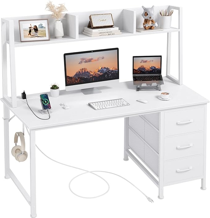 DLisiting White Computer Desk with Hutch & Drawers - Office Desk with 3 Storage Drawers and Power Outlets, 47 Inch Modern Study Writing Desk for Bedroom Home Office