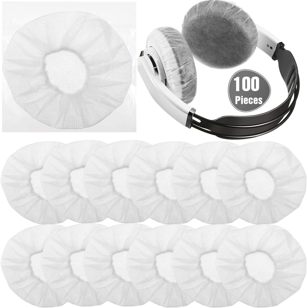 BBTO 100 Headphones(11 cm,White) Pieces Headphone Ear Covers Disposable Earphone Sanitary Non-Woven Stretch Earpad