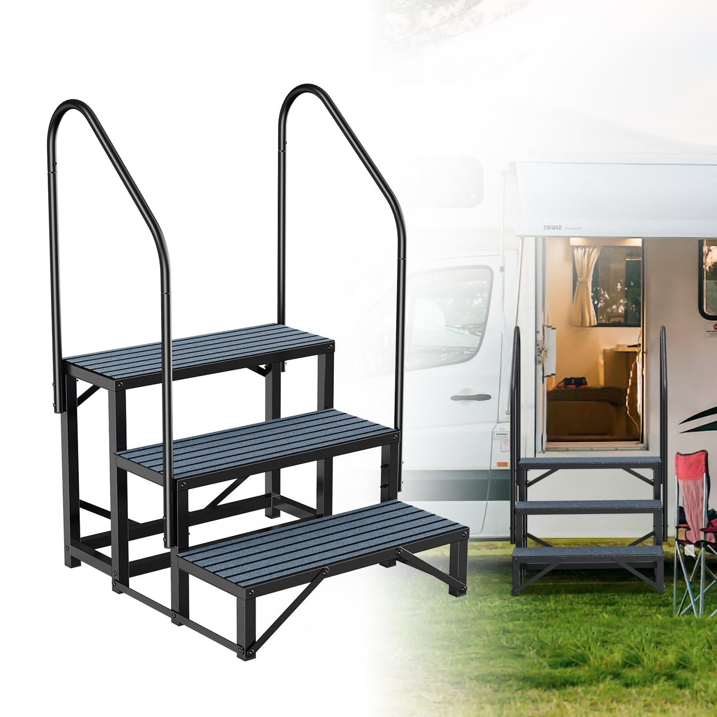 Rv Steps with Handrail 3 Step,Hot Tub Steps with Anti-Slip Mats,Heavy Duty Metal Mobile Home Stairs,Camper Steps for Travel Trailer,Portable Step Ladder for Spa,Pool and Porch