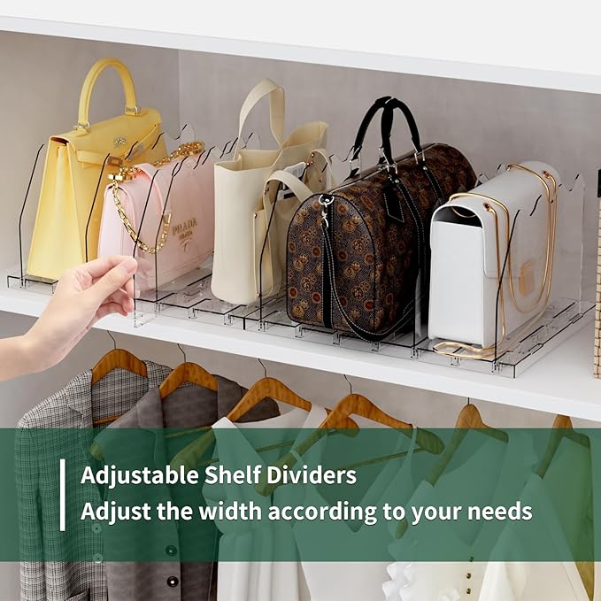 SPACEKEEPER Adjustable Shelf Divider for Closet, Clear Purse Organizers for Closet Acrylic Handbag Separators Storage Organizer Bookshelf Separator Dividers in Bedroom, Office