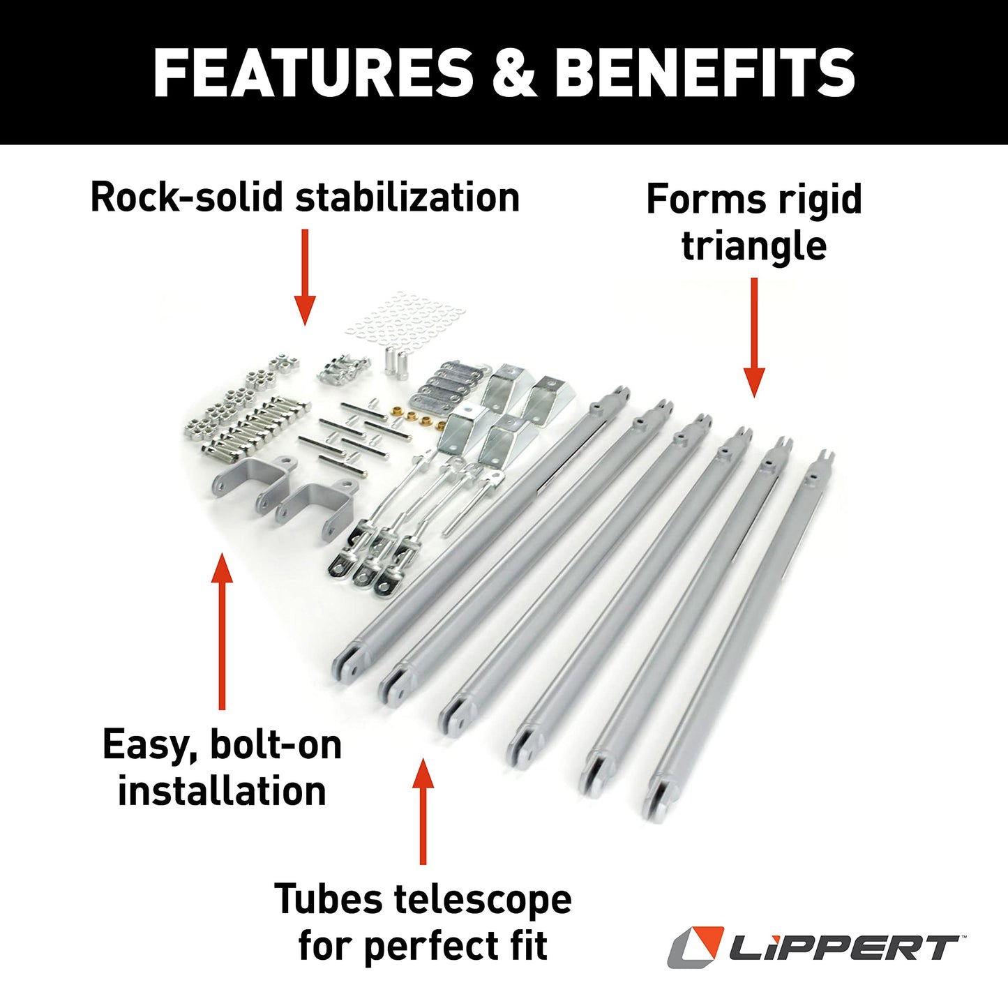 JT's Strong Arm Fifth-Wheel Jack Stabilizer Kit, Bolt-On Installation, Universal Compatibility, Telescoping Tubes, Eliminates Chassis Movement - 191023