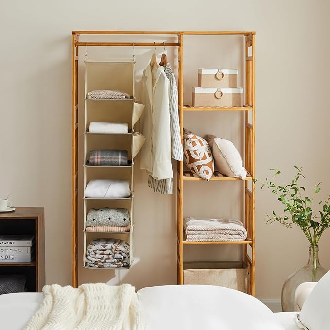 YOUDENOVA Hanging Closet Organizer, 6-Shelf Closet Hanging Storage Shelves, 2 Packs, Beige