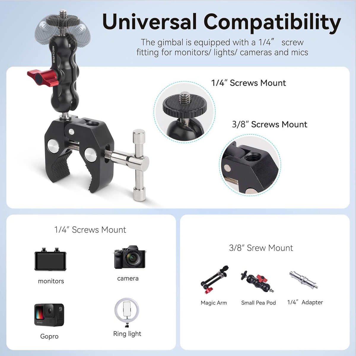 Mechrig 360 1/4"-20 3/8"-16 (SJ019) Camera Clamp Mount with Dual Ballhead Magic Arm, Double Ball Head Adapter