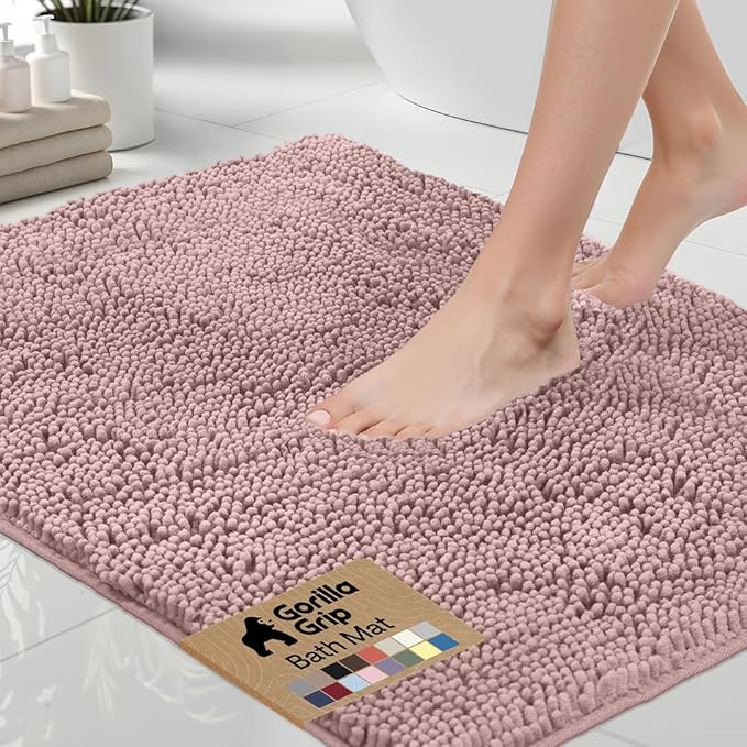 GORILLA GRIP Bath Rug Mat 60x24, Soft Absorbent Chenille, Quick Dry Microfiber Mats, Rubber Backing Washable Shower Floor Rugs, Bathmat Runner, US Designed Bathroom Home Decor Accessories Dusty Rose