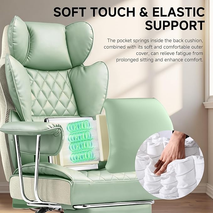 COMHOMA Big and Tall Office Chair, High Back Leather Gaming Chair with Footrest, Executive Ergonomic Office Chairs with Pocket Spring Lumbar Support and with Outward Fixed Soft Armrests