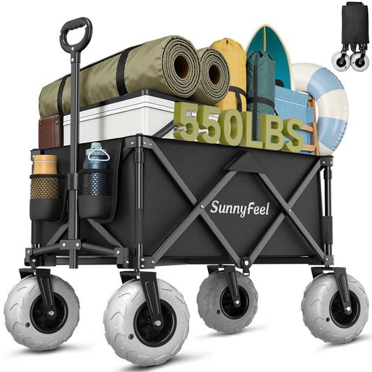 SUNNYFEEL Heavy Duty Beach Wagon with Big Wheels for Sand, 550LBS Capacity, 200L Beach Cart with Adjustable Handle, Foldable Wagon Cart for Camping, Garden, Shopping (Black)