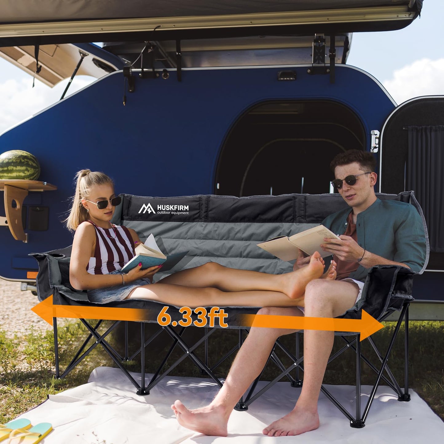 Huskfirm 3 Person Camping Chairs Folding Double Camping Chair Portable Oversized Loveseat Padded Camp Chair Heavy Duty Camping Couch for Adults Outdoor Lawn with Two Cup Holders and Carry Bag
