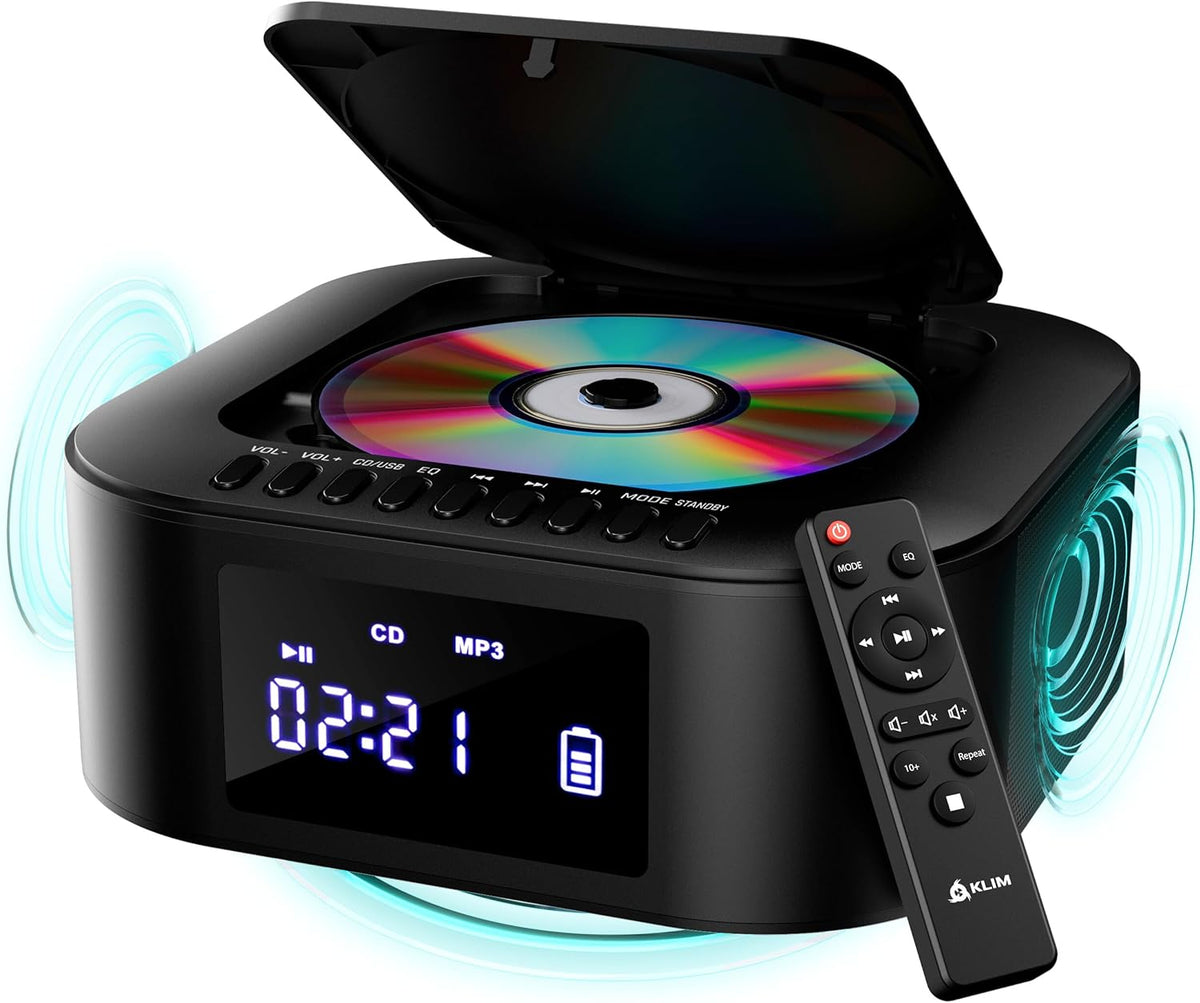 KLIM E1 MP3 Boombox - CD Player Portable Audio System + Extra BASS with Subwoofer + FM Radio, CD Bluetooth AUX USB +