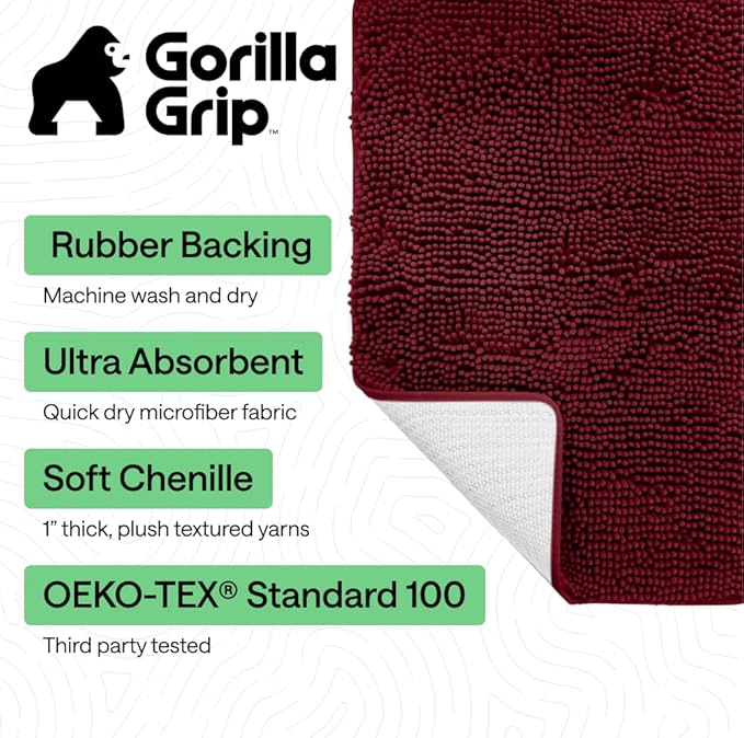 GORILLA GRIP Bath Rug Mat 48x24, Soft Absorbent Chenille, Quick Dry Microfiber Mats, Rubber Backing Washable Shower Floor Rugs, Bathmat Runner, US Designed Bathroom Home Decor Accessories Burgundy