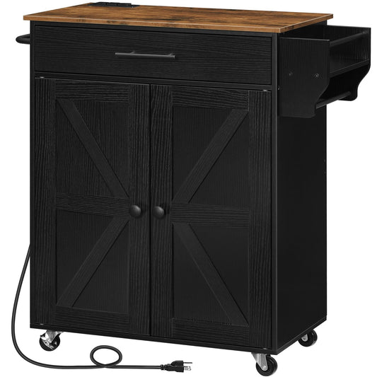 HOOBRO Kitchen Island with Power Outlet, Rolling Kitchen Island with Large Worktop, Kitchen Island Cart with Spice Rack and Drawer, Island Table for Dining Room, Rustic Brown and Black BF88UZD01