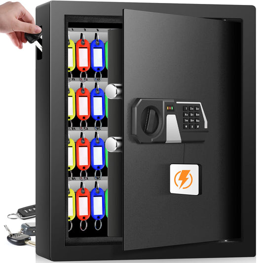Nebakne 71 Keys Fireproof Key Lock Box, Anti-Theft Key Box Wall Mount with Adjustable Hook Plates, Key Tags and Side Opening, Key Safe Key Cabinet Key Organizer for Home Office Garage Rental Business