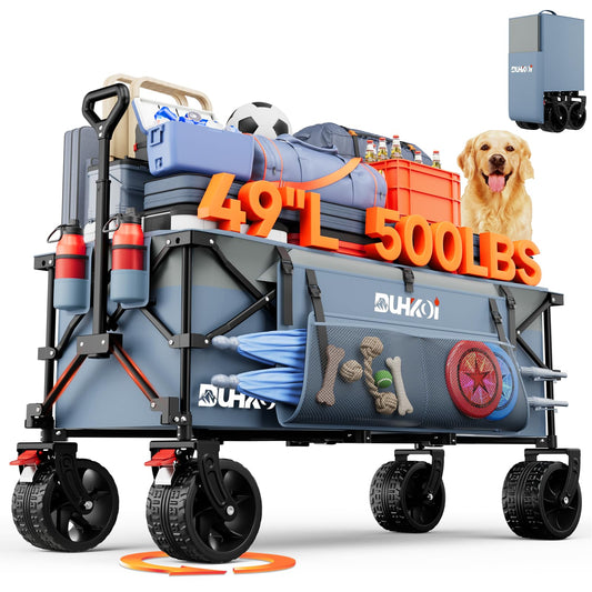 Duhkoi 49" L Collapsible Extended Wagon with 500lbs Weight Capacity,300L Heavy Duty Sports Wagon,Big All-Terrian Wheels with Cup Holders,Cart for Sports,Grocery,Shopping(LightBlue)