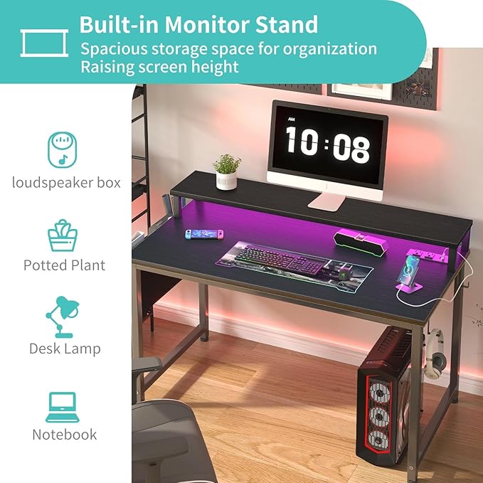 Lufeiya Small Desk with Power Outlets and LED Lights, 32 Inch Teen Writing Study Table Home Office Computer Desks with Monitor Stand, Gaming Desk with Charging Station, Black