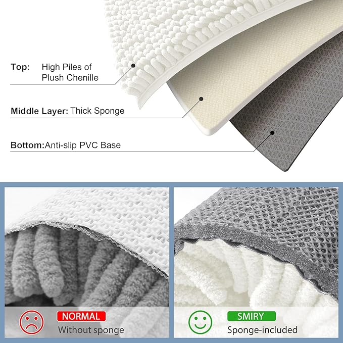 Smiry Luxury Chenille Bathroom Rugs 59x20, Extra Soft and Absorbent Shaggy Bath Mat, Machine Washable, Non-Slip Plush Carpet Runner for Tub, Shower, and Floor, Home Decor Accessories, Ivory