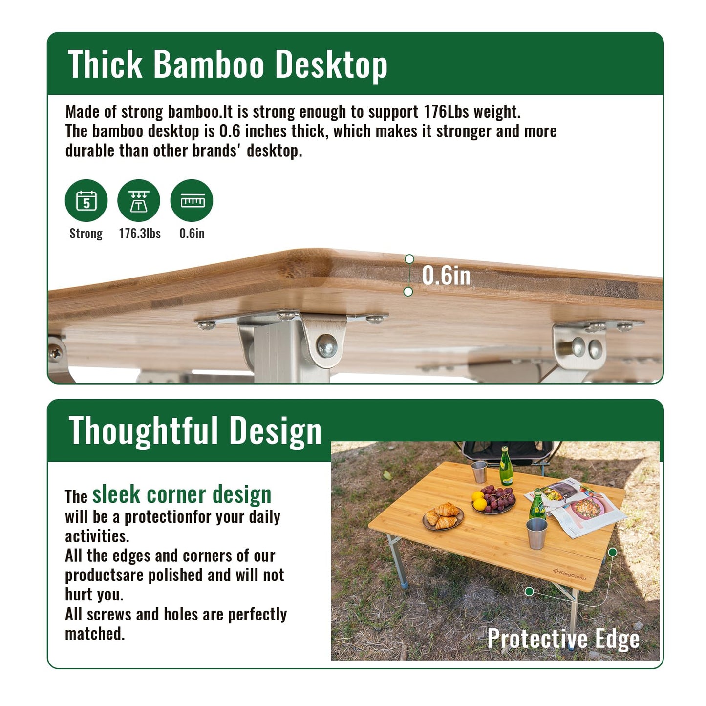KingCamp Adjustable Height Folding Table, 4-Fold Bamboo Camping Outdoor Portable RV Camp Table with Carry Bag for Outdoor Car Backyard Picnic Tailgating Beach
