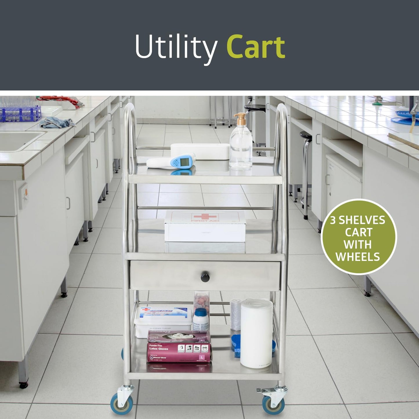 Pearington Rolling Medical and Lab Cart with 3 Shelves & Drawer, Transportable Workstation, Stainless Steel Mobile Storage Cart for Clinic, Salon, and More, 21.22'' L x 17.29'' W