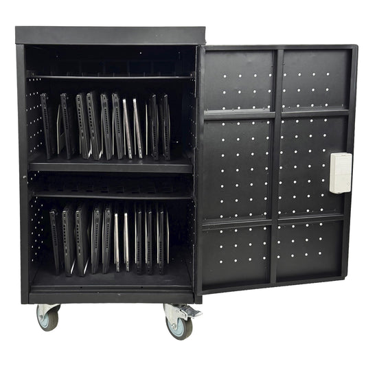 Pearington 20 Device Mobile Charging and Storage Cart for iPads, Chromebooks and Laptop Computers, Up To 17-Inch Screen Size, Surge Protection, Front & Back Access Locking Cabinet, Black