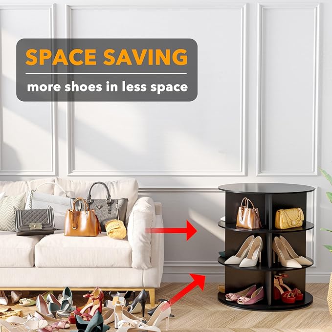 SpaceAid 3 Tier Rotating Shoe Rack Tower, Spinning Shoe Display Lazy Susan, Revolving 360 Shoe Rack Storage Round Carousel, Vertical Handbag Rotate Shoes Closet Organization (3-Tier Black)