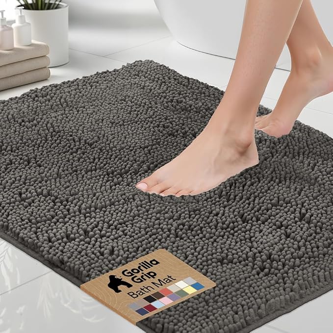 GORILLA GRIP Bath Rug Mat 48x17, Soft Absorbent Chenille, Quick Dry Microfiber Mats, Rubber Backing Washable Shower Floor Rugs, Bathmat Runner, US Designed Bathroom Home Decor Accessories Charcoal