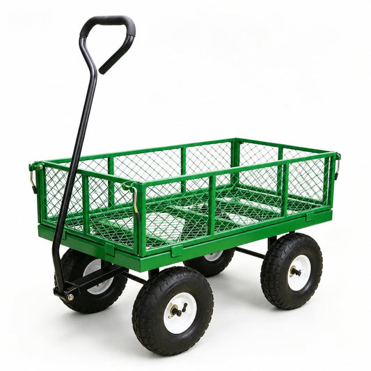 A A IN 600 lbs Heavy Duty Metal Garden Cart, Pull able Yard Wagon with Removable Mesh Sides, 180° Rotating Handle & 10" Wheels, Green