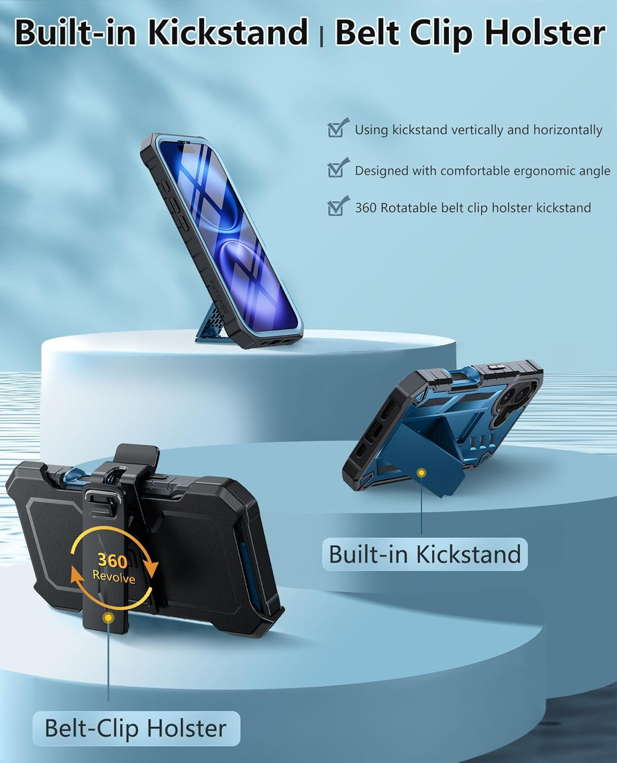 FNTCASE 16 for iPhone Phone Case: Military Grade [Built-in Screen Protector] [Belt-Clip & Kickstand] Matte Drop Proof