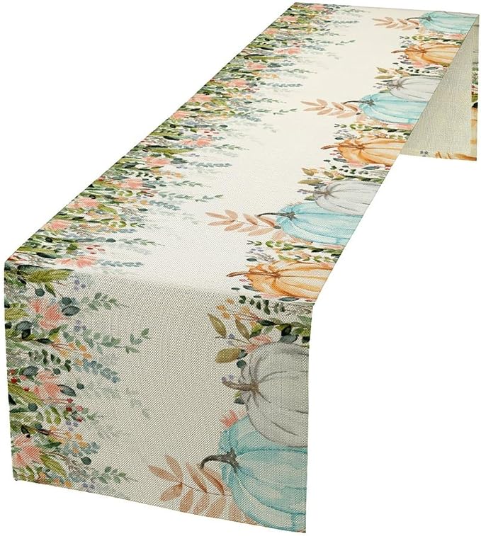 Fall Table Runner Blue Pumpkin Colorful Eucalyptus Leaves Thanksgiving Orange Green Watercolor Illustration Decor for Farmhouse Indoor Outdoor Party Holiday Dining Kitchen Restaurant Cafe W13xL120in
