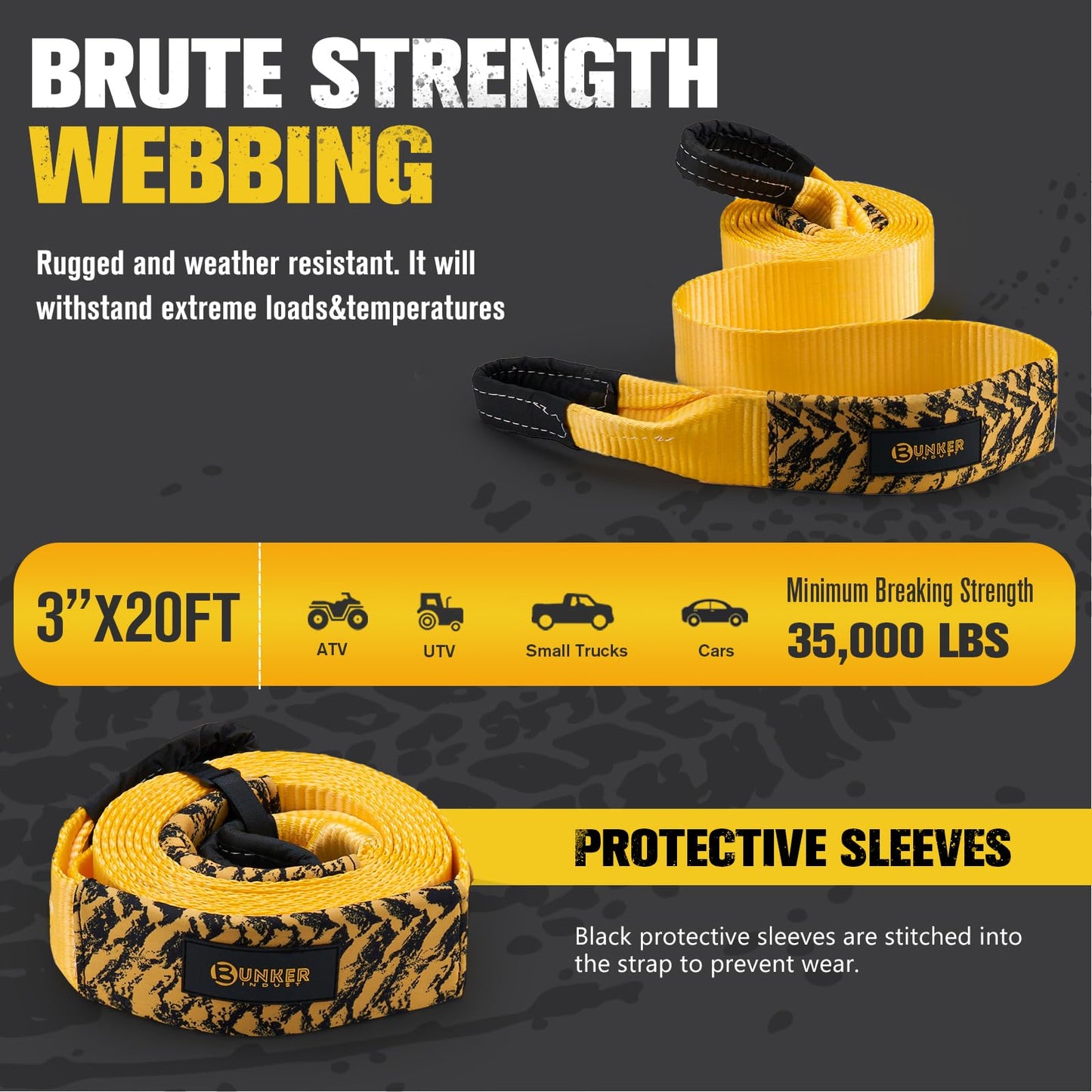 BUNKER INDUST Offroad Traction Boards with Jack Base (Gen 8) Black + Heavy Duty Tow Strap Recovery Kit
