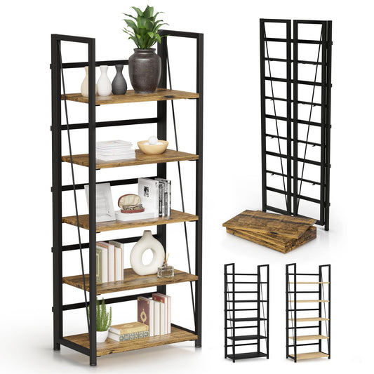 5 Tier Wood Book Shelf Organizer, No Assembly Bookshelf for Bedroom Living Room Office, Rustic Foldable Book Case, Tall Bookshelves, Open Book Shelves, Decorative Folding Shelf Display, Tall Bookcase