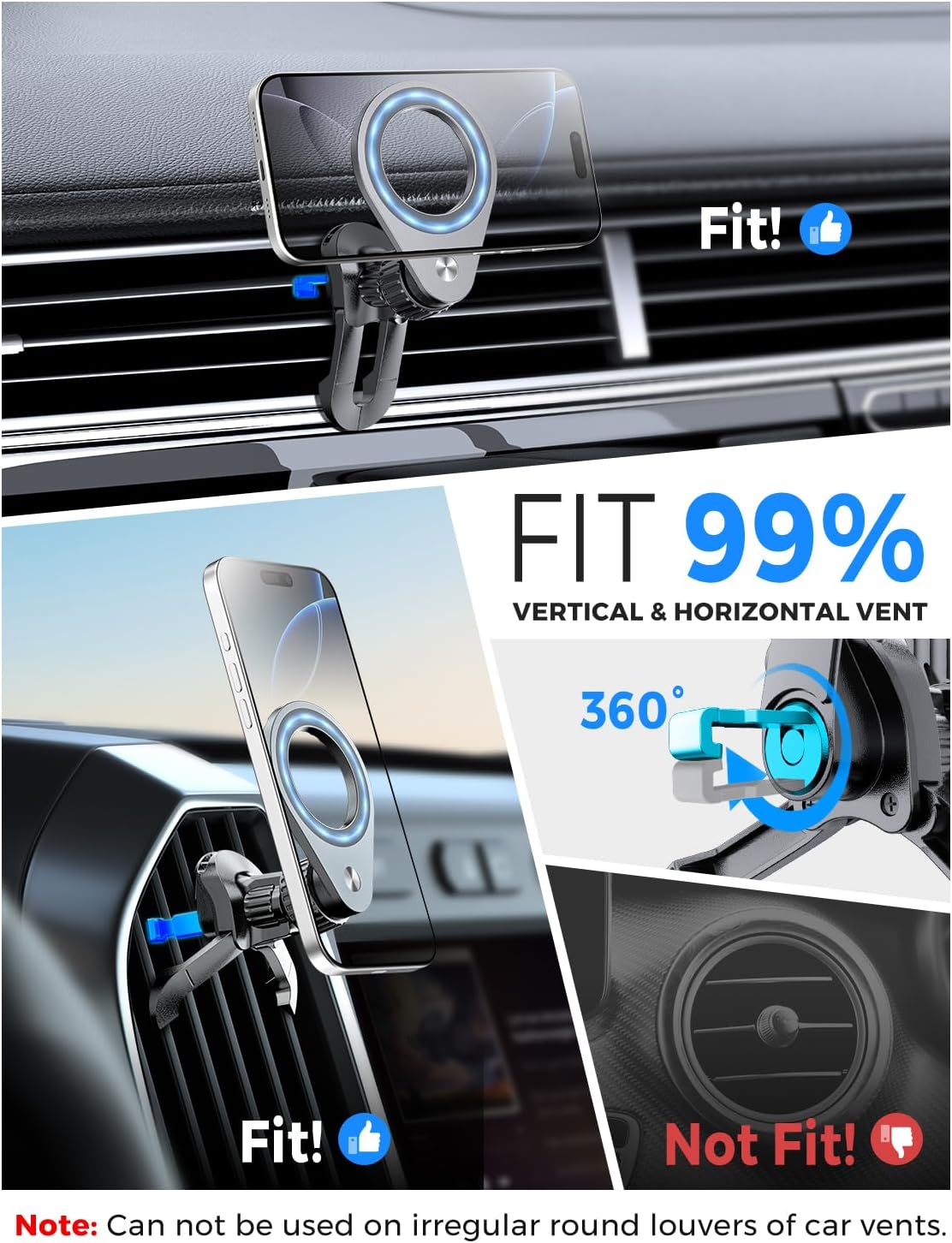 eSamcore N52 16/15/ 14/13/ 12/ [1 Pack] Fits MagSafe Car Mount Strong Magnets car Vent Magnetic Phone Mount Adjustable