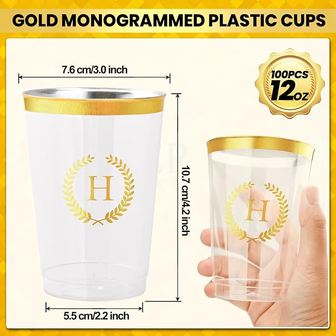 100 Pieces Monogrammed Plastic Cups Gold Foil Letter H Disposable Cups 12 oz Clear Initial Party Cups for Wedding Birthday Baby Shower Personalized Party Drinkware
