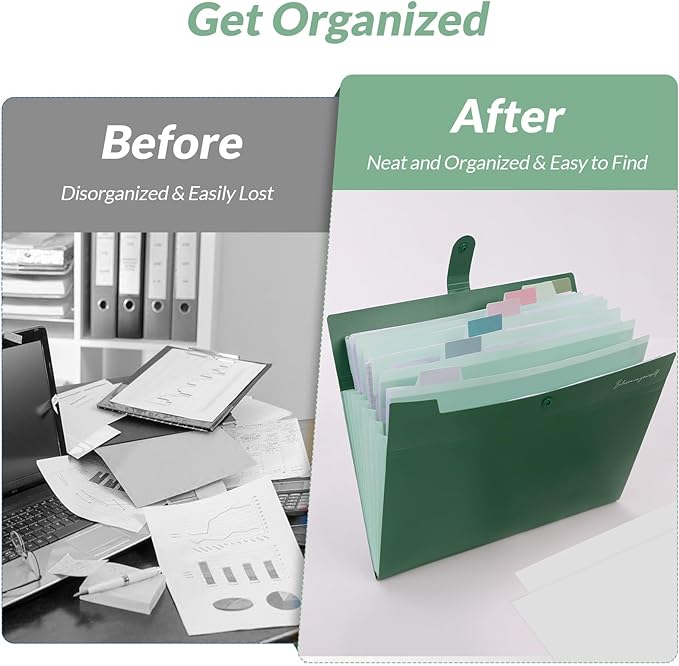 SKYDUE Expanding File Organizer with 8 Pockets, Accordion File Folders with Labels, Portable Document Paper Bill Receipt Organizer, Home College School Office Supplies, Letter Size,ForestGreen