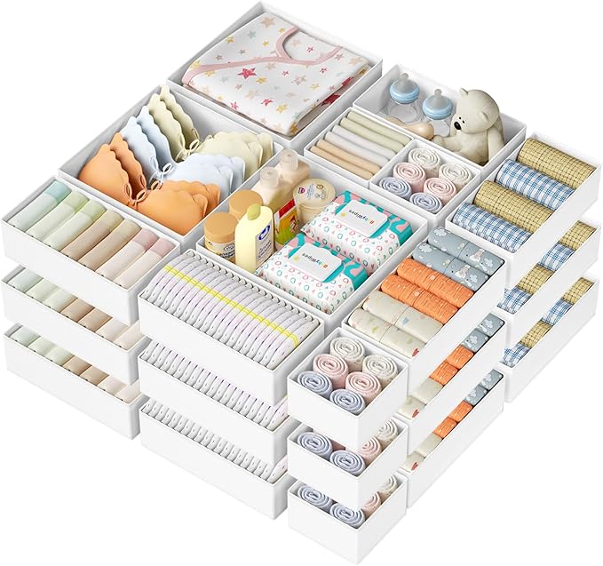 DIMJ Drawer Organizer Clothes 24 Pack - Foldable Baby Organizers and Storage & Dresser Organizer for Bedroom, Closet - Nursery Organization Dresser Dividers for underwear, Sock,Bra, Belt, Tie, White