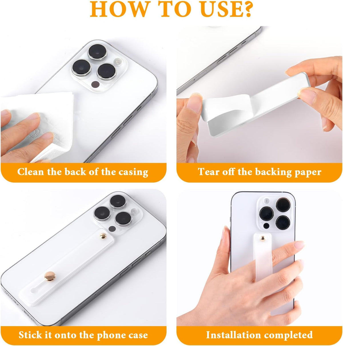 Fejnyer 2-Pack 2) White Silicone Phone Strap with Kickstand - Versatile Grip & Holder for Most Phones and Cases (Black
