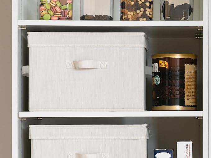 StorageWorks Fabric Storage Bins with Lid, Decorative Storage Boxes for Shelves, Stackable Closet Organizer Basket with Handles, Large, Mixing of Beige, White & Ivory, 2-Pack