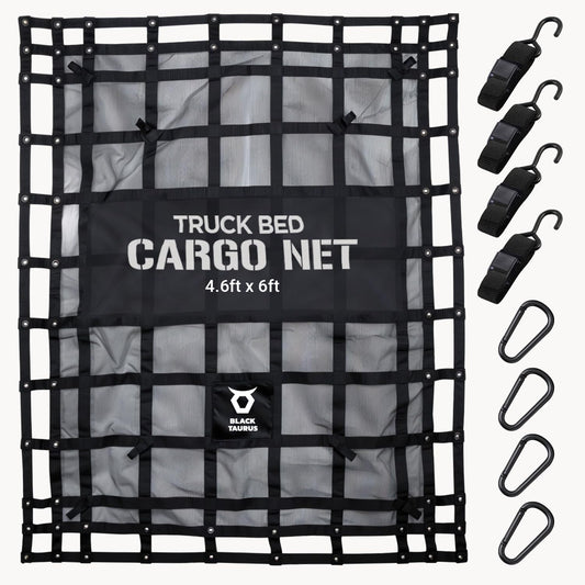 Black Taurus Heavy Duty Mesh Cargo Net – Stretchable Mesh Cargo Net for Trailer, Roof Rack, Pickup Truck, and ATV - Truck Bed Netting for Secure Load with 4 Adjustable Straps - 4.75 ft x 6 ft