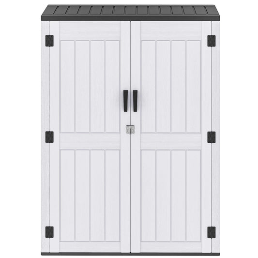 DWVO 59 Cu. Ft. Vertical Storage Shed, Weatherproof Outdoor Tall Cabinet with Double-Wall Panels and Floor, Lockable Resin Shed for Garden, Garage, Patio, Light Gray (Shelves Not Included)