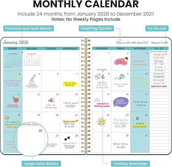 Monthly Planner 2026-2027, 2 Year Months Calendar Planner 2026-2027, Runs from January 2026 - Decembe 2027, 7" x 10", 24 Months, Perfect for School Office Home Planning - Dark Green