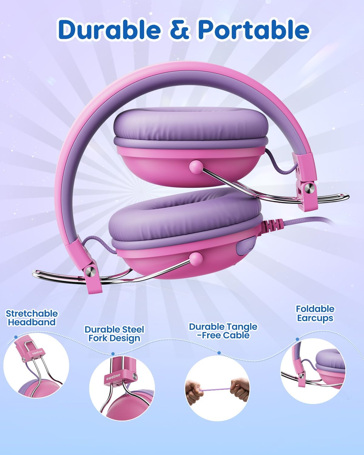 74/85dB 3.5mm awatrue Kids Headphones, Safe Volume Limit, Stereo Sound, Wired On-Ear Headphones for Kids Boys Girls