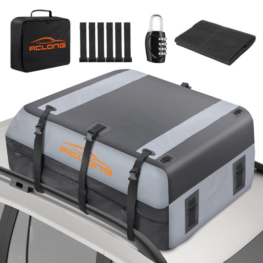 ACLONG 21 Cubic Feet Rooftop Cargo Carrier Bag, 840D Waterproof Car Roof Bag for Cars with/Without Racks, Heavy Duty Roof Top Cargo Bag with Anti-Slip Mat, 6 Door Hooks, Storage Bag & Lock