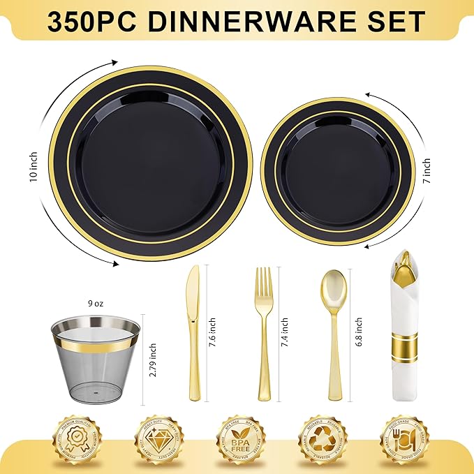 BESTVIP 350PCS Black Gold Dinnerware Set for 50 Guests, Plastic Plates for Halloween Party and Christmas, 50 Disposable Plates, 50 Dessert Plates, 50 Cups, 50 Spoons, 50 Forks and 100 Knives