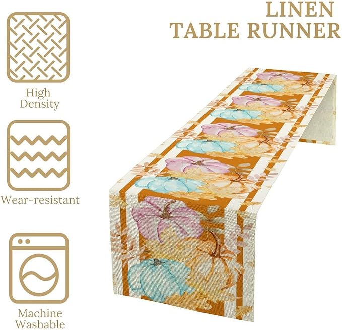 Watercolor Pumpkin Table Runner Rustic Farmhouse Autumn Plants Colorful Leaves Pastoral Harvest Theme Home Decor for Farmhouse Indoor Outdoor Party Holiday Dining Kitchen Restaurant Cafe W13xL36in