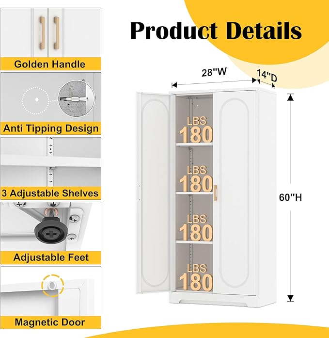 Kitchen Pantry Cabinet,60”Metal White Storage Cabinets with Doors and Shelves,Tall Cabinet with 2 Gold Hands for Dinning Room,Living Room