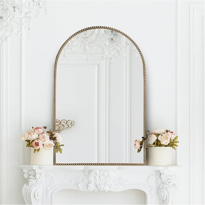 Antique Gold 24"x36" Arched Wall Mirror with Metal Beaded Frame - Decorative Accent Wall Mirror for Bathroom, Bedroom, Living Room, Entryway