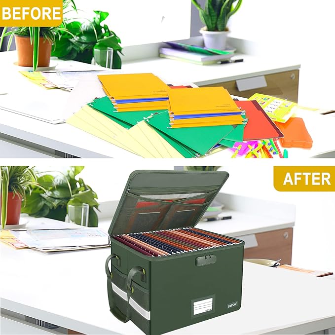 ENGPOW File Box with Lock, Fireproof Document Box with Pockets, Collapsible File Organizer Filing Storage Cabinet with Handle, Portable Home Office Safe for Hanging Letter/Legal Folders,Green,2 Pack