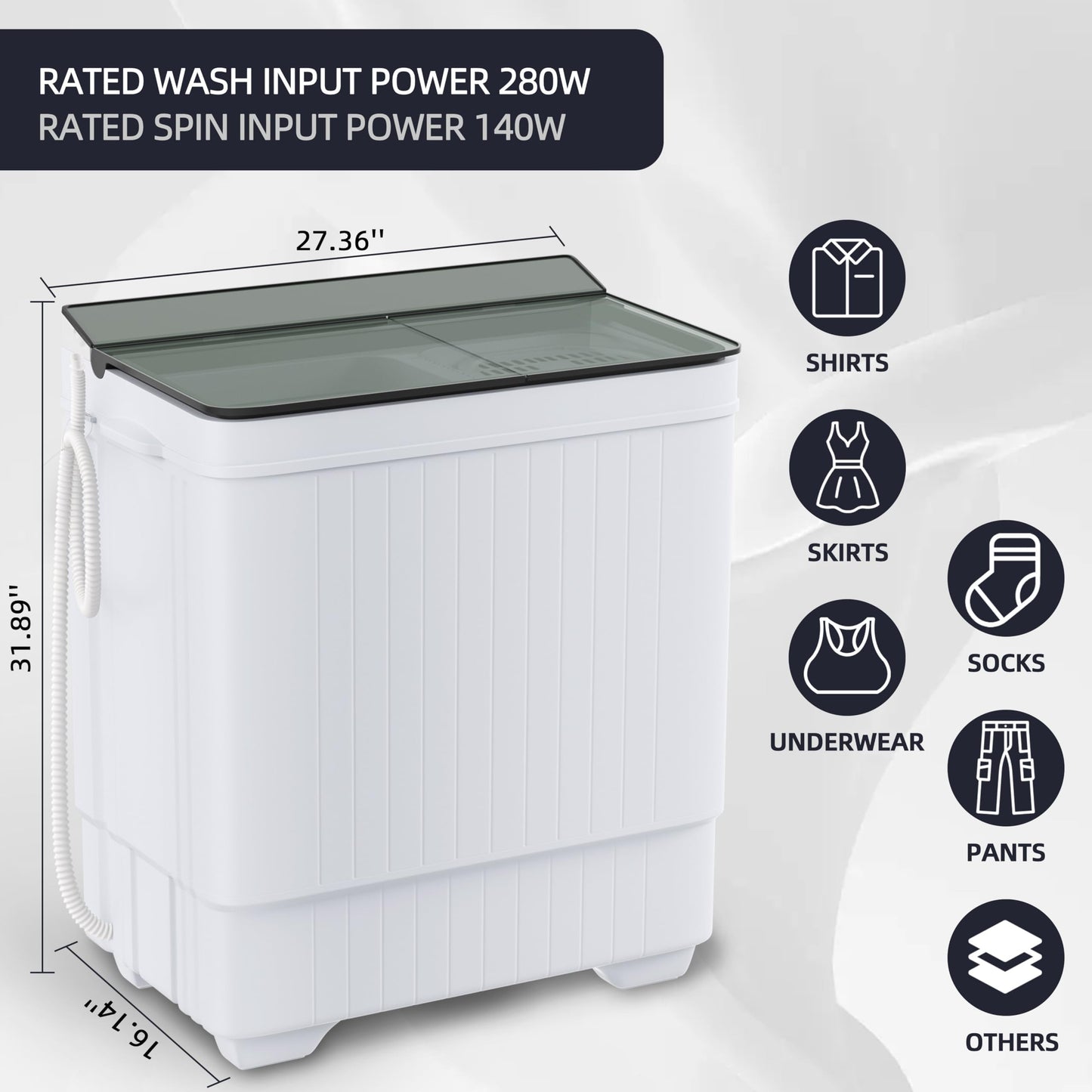 Elevon Portable Washing Machine Twin Tub 18.7 Lbs Capacity, (14.3 Lbs) and Spinner(4.4 Lbs) Combo Mini Compact Laundry Washer for Home, Apartment, Camping, RVs and Dorms, Black/White