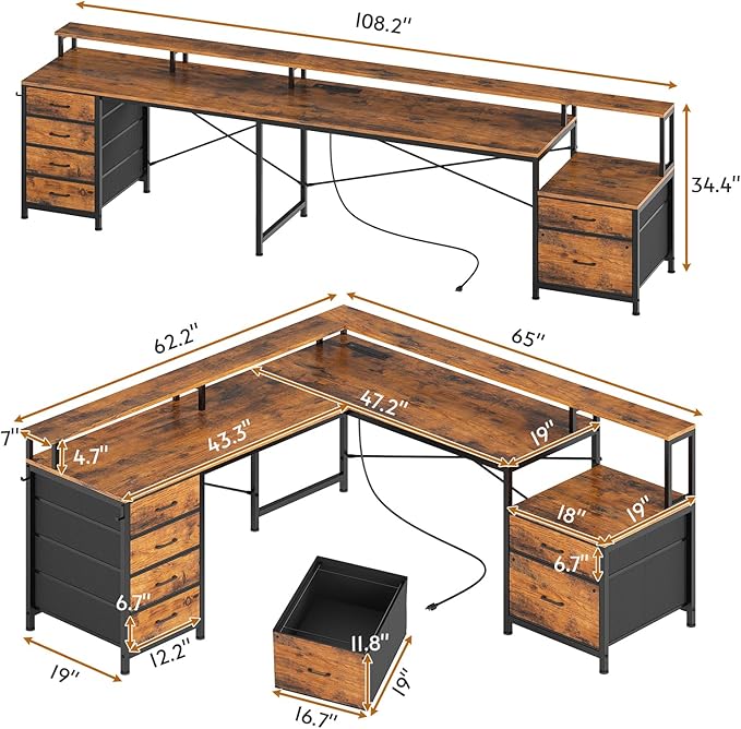 SEDETA L Shaped Desk with 6 Drawer, 108" Home Office Desk with File Drawer & Power Outlet, Corner Computer Desk with Monitor Shelf, Two Person Desk, Gaming Desk with Led Lights, Rustic Brown